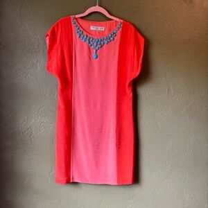 Trina Turk Coral Shift Ladies Dress Modern Statement Beaded Neckline EUC Size 4